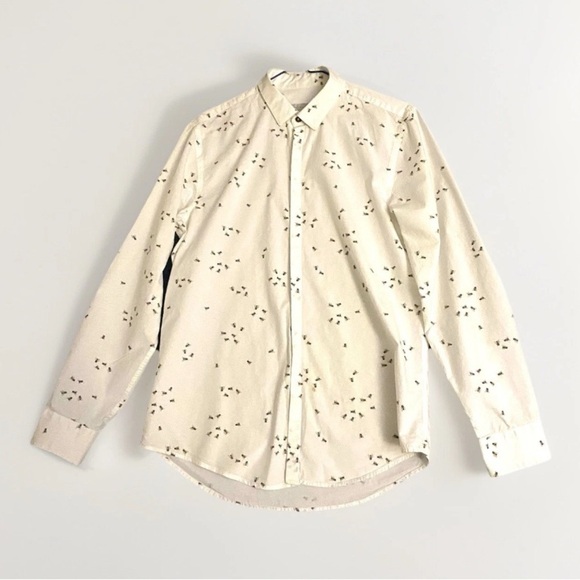 Zara Man Slim Fit Button Up White Shirt L Polka Dot Flies Unique Beelzebub Flies - Picture 1 of 8